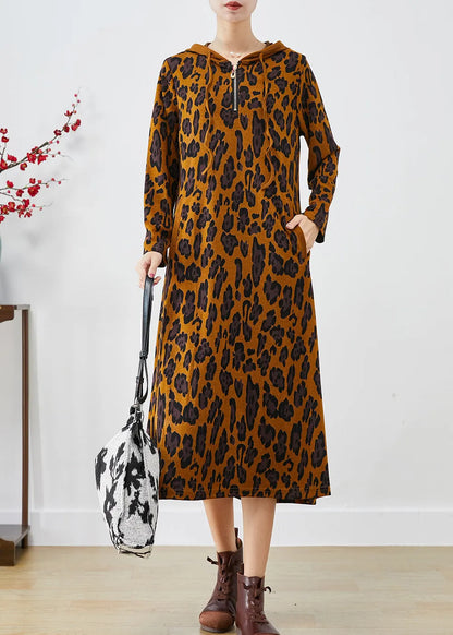 Brown Hooded Leopard Print Cotton Dresses Spring