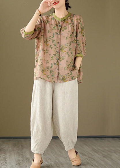 French Pink Shirts and Linen Crop Pants Cotton Two Pieces Set Spring