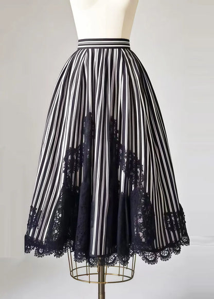Black Striped Patchwork Lace Exra Large Hem Skirt Summer