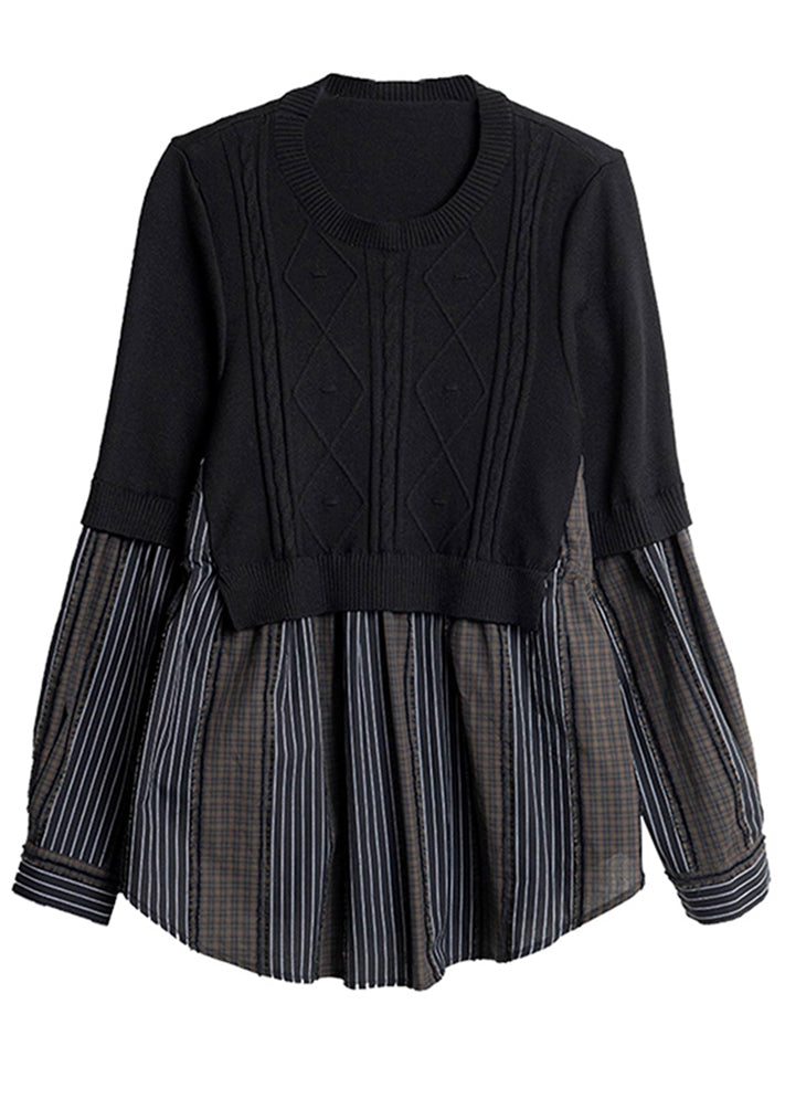 Black O-neck Fake Two Pieces Cotton Knit Patchwork Top Spring