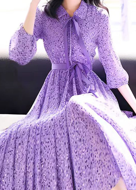Purple Peter Pan Collar Print Chiffon Dress Bracelet Sleeve Summer