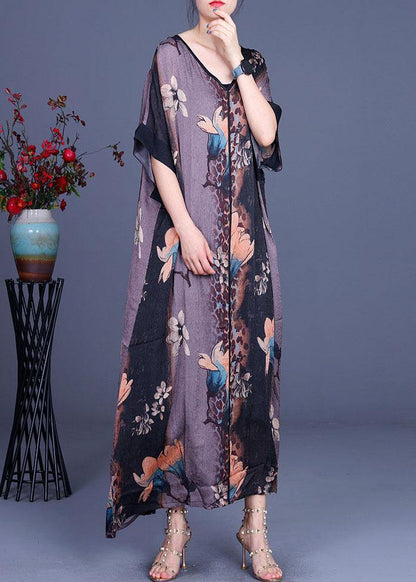 Loose Grey Print V Neck Short Sleeve Chiffon Vacation Dresses