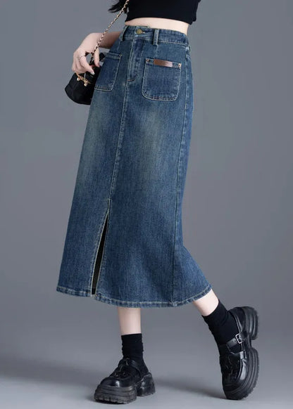 Italian Blue Side Open Silm Fit Denim a Line Skirt Spring
