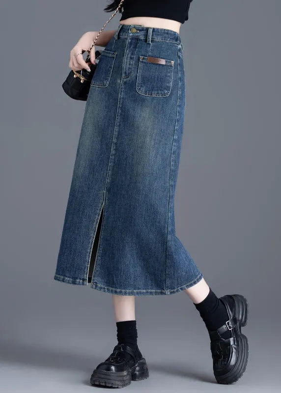 Italian Blue Side Open Silm Fit Denim a Line Skirt Spring