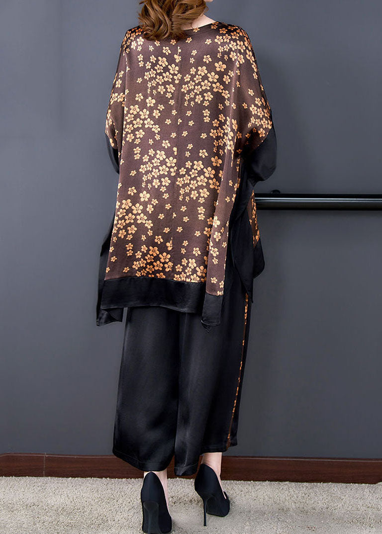 French Coffee Oversized Patchwork Print Silk Two-piece Set Batwing Sleeve