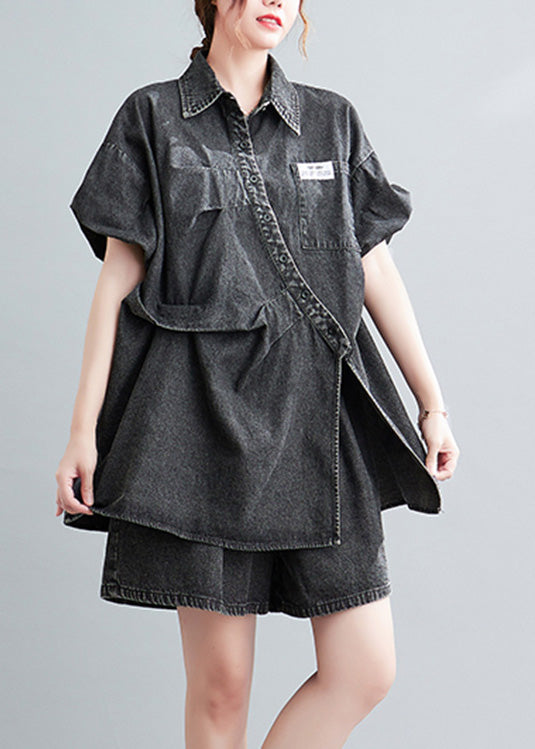 Denim Blue Peter Pan Collar Cotton Shirts and Shorts Two Pieces Set Summer
