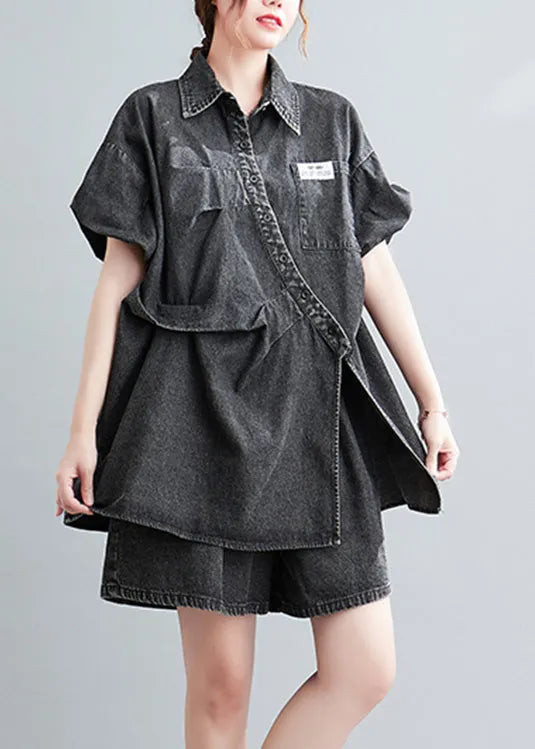 Denim Blue Peter Pan Collar Cotton Shirts and Shorts Two Pieces Set Summer