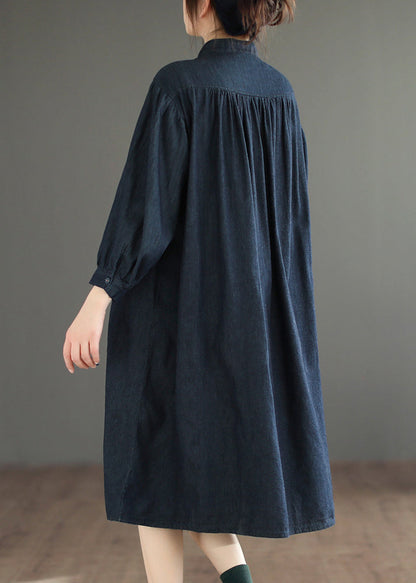 Navy Button Denim Blouses Dresses O Neck Long Sleeve