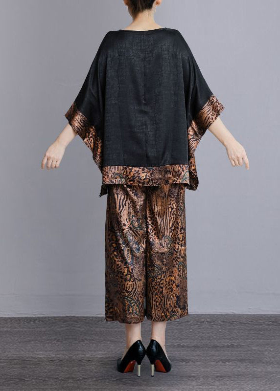 Leopard O-neck Print Patchwork Silk Two Pieces Set Batwing Sleeve