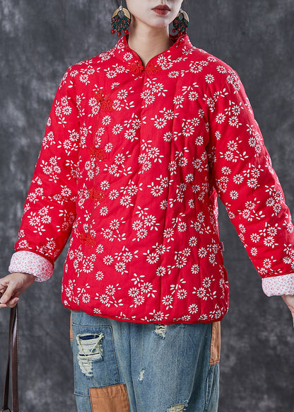 Red Print Fine Cotton Filled Chinese Style Jacket Chinese Button Winter