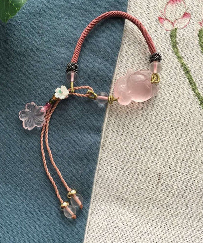 Pink Hand Knitting Crystal Furong Stone Fox Charm Bracelet