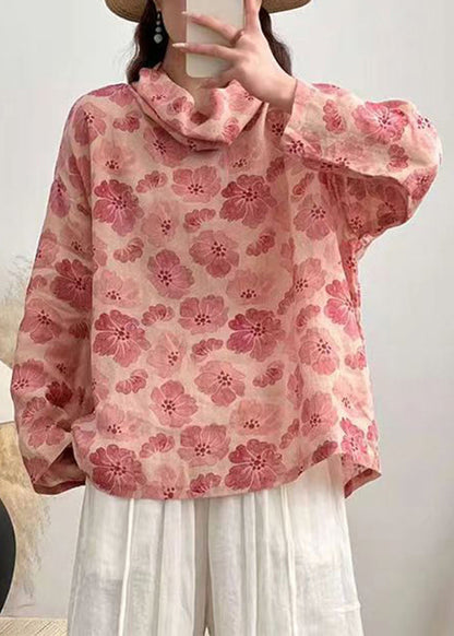 Pink Turtleneck Print Linen Shirt Long Sleeve