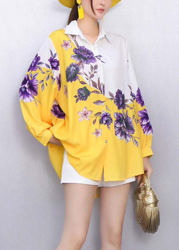 Street Style Purple Pattern Printed Yellow Shirt Fall