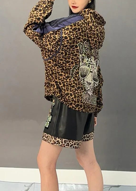 Leopard Patchwork Zippered Hoodies Coats Spring