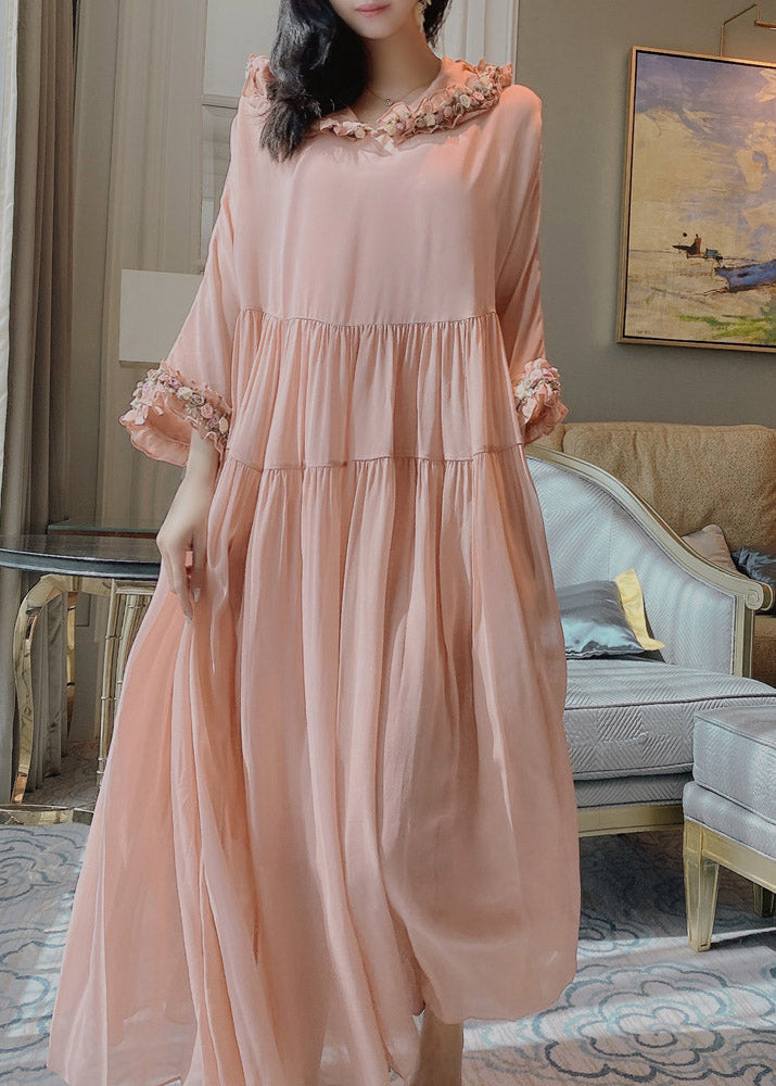 Simple Pink Wrinkled Hoold Silk Maxi Dresses Flare Sleeve