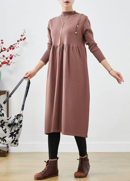 Brown Stand Collar Patchwork Button Knit Long Dress Fall