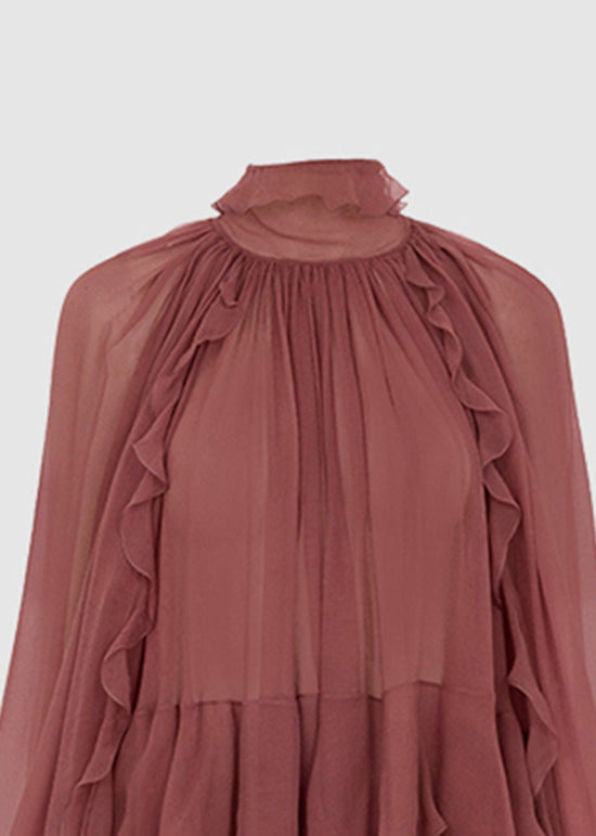 French Brick Red Ruffled Patchwork Chiffon Shirt Tops Spring