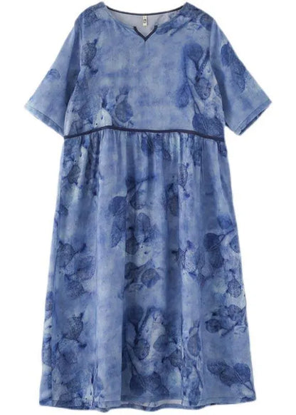 Natural White Print Cinched Summer Linen Dress