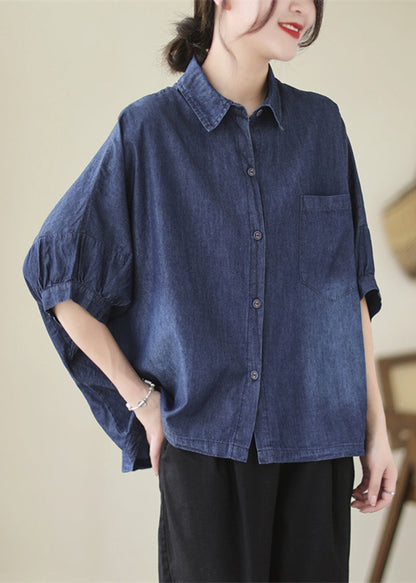 Navy Oversized Washed Denim Blouses Batwing Sleeve