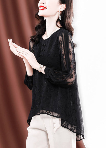 Black O-neck Button Low High Design Tulle Embroideried Silk Tops Long Sleeve