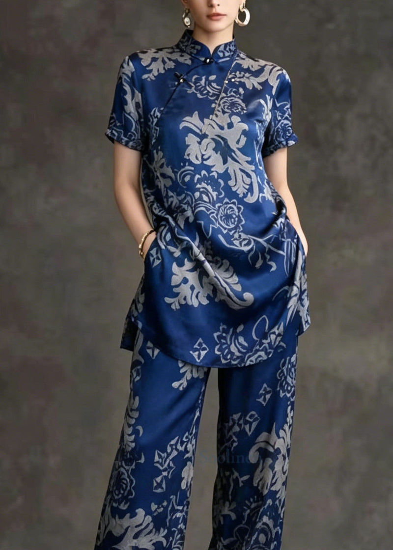 Chinese Style Stand Collar Print Silk Two Pieces Set Summer