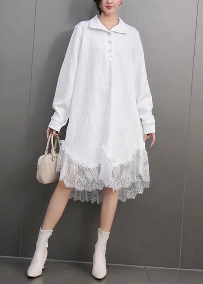White Peter Pan Collar Lace Patchwork Long Dresses Spring