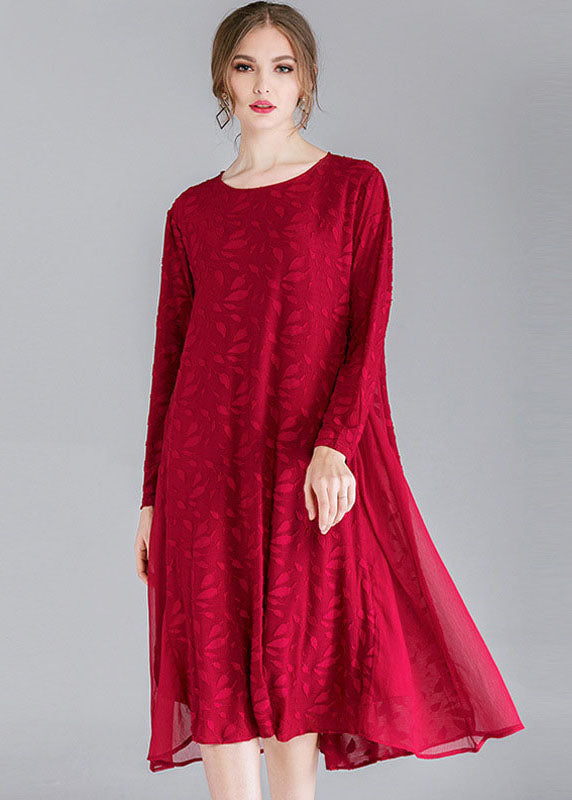 Style Mulberry O-neck Patchwork Chiffon Holiday Dress Long Sleeve