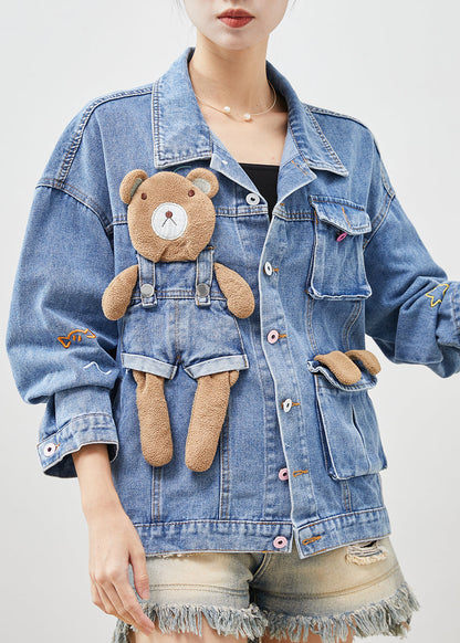 Light Blue Bear Oversized Denim Coats Spring