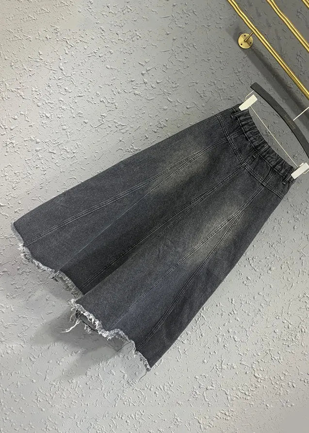 Retro Black Pockets Patchwork Button Denim Maxi Skirt