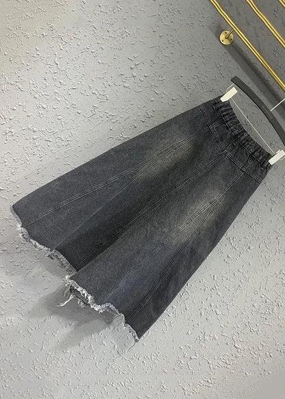 Retro Black Pockets Patchwork Button Denim Maxi Skirt
