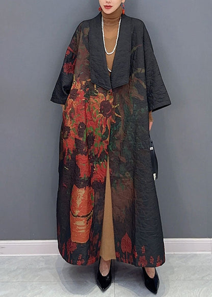 Black Asymmetrical Print Long Trench Coats Long Sleeve Fall
