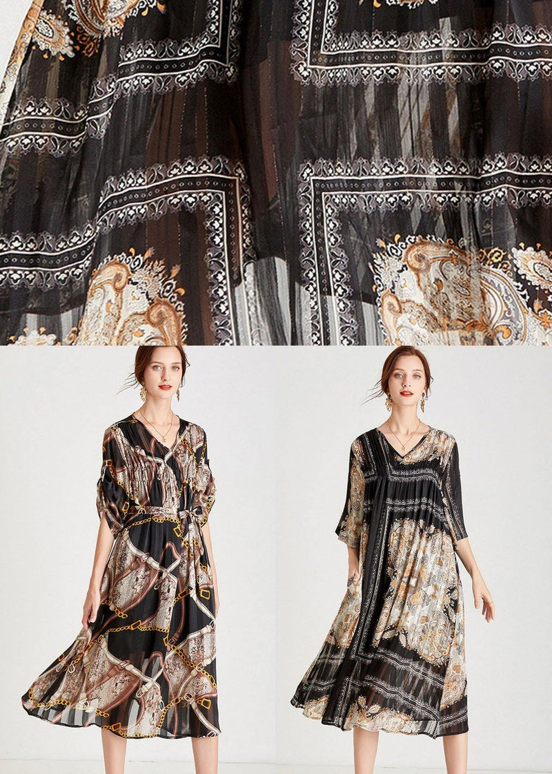 Classy Black Apricot V Neck Print Fall Chiffon Party Dresses Half Sleeve