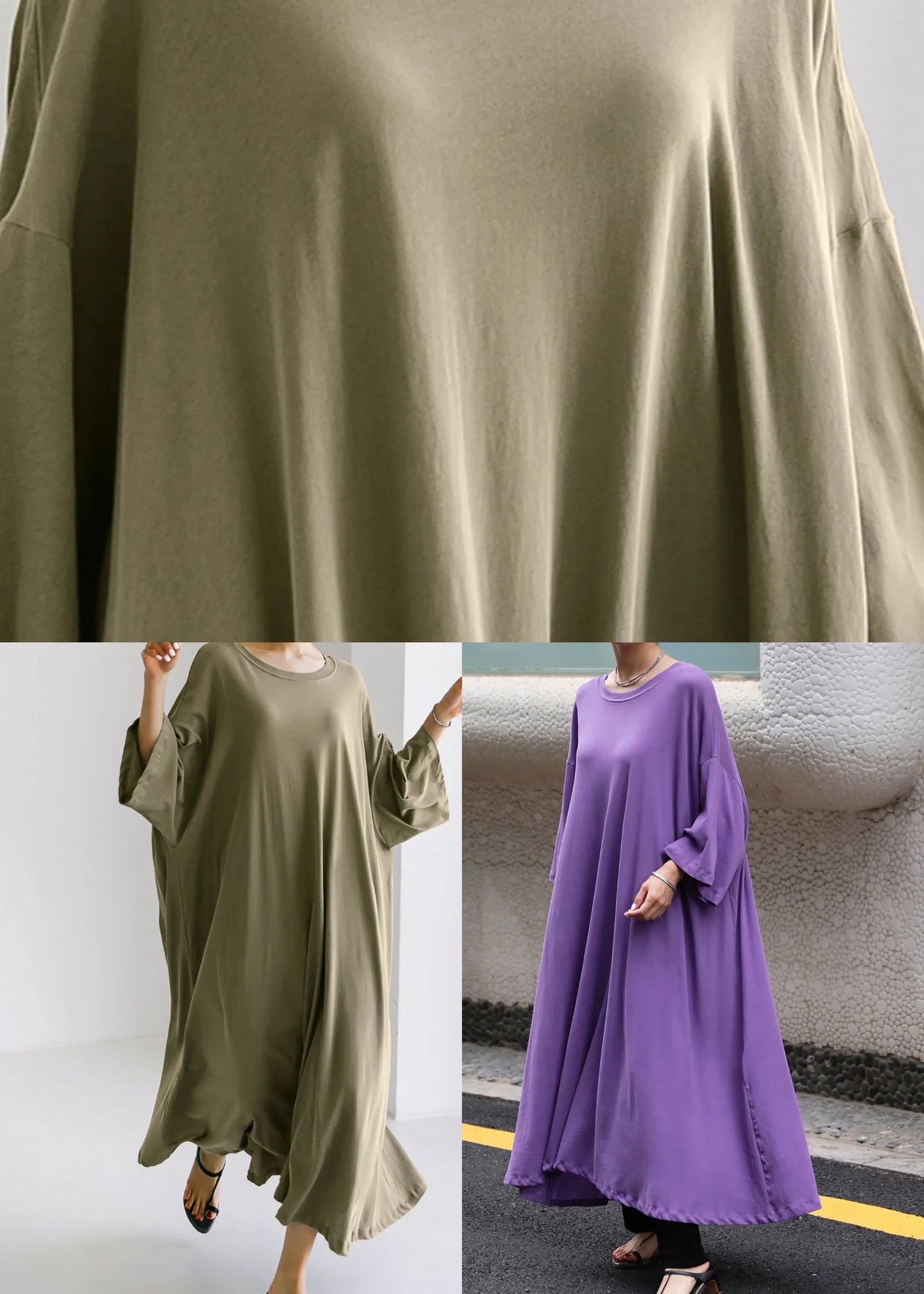 Army Green O-neck Cotton Maxi Dress Long Sleeve