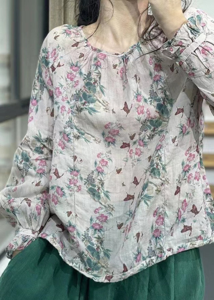 O-neck Print Linen Top Long Sleeve
