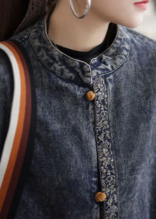 Italian Blue Stand Collar Button Denim Jackets Spring