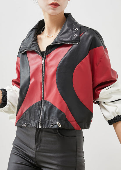 Colorblock Drawstring Patchwork Faux Leather Jackets Spring