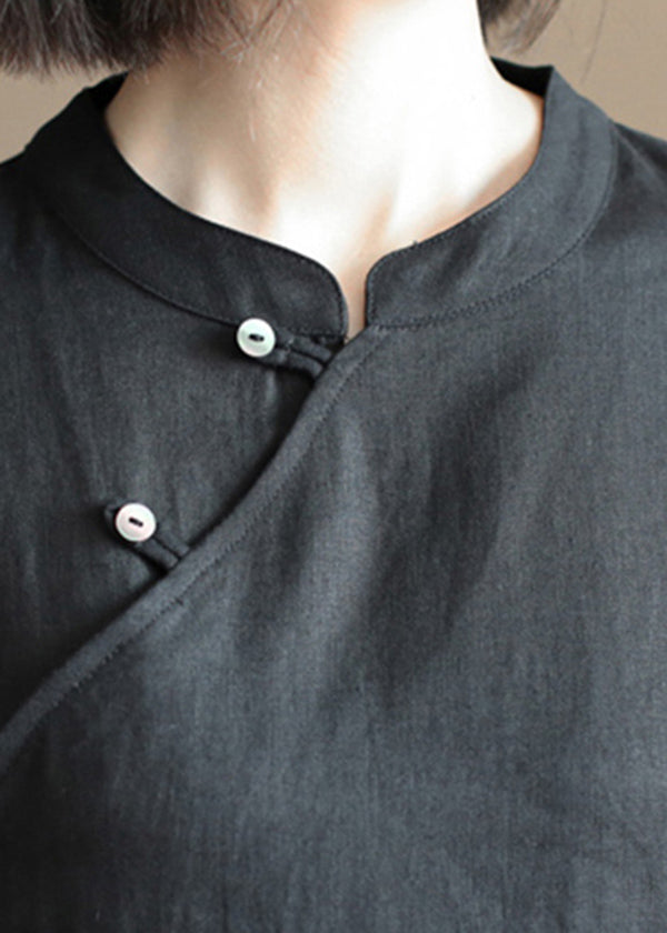 Black Mandarin Collar Button Linen a Line Dresses Short Sleeve