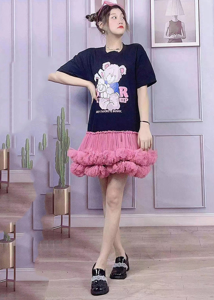 Black O-neck Bear Applique Tulle Patchwork Cotton Pleated Dress Short Sleeve