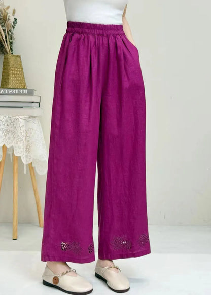Italian White Embroidered Hollow Out Linen Wide Leg Pants Summer