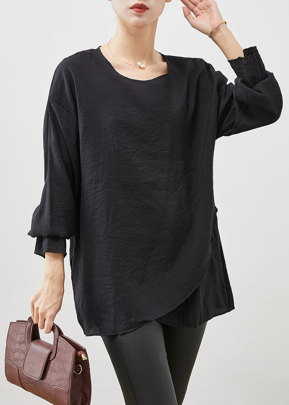Fitted Black Oversized Asymmetrical Design Cotton Top Spring