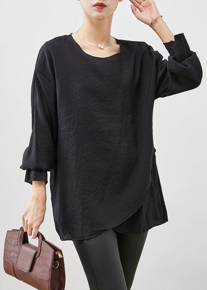 Fitted Black Oversized Asymmetrical Design Cotton Top Spring