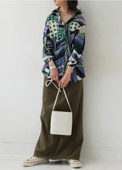 Green Oversized Print Chiffon Shirt Top Fall