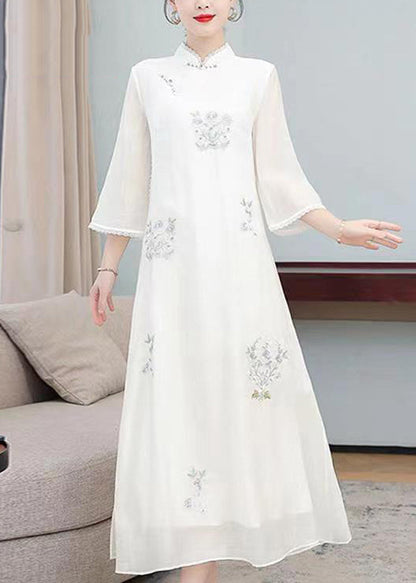 Light Green Stand Collar Embroideried Silk Long Dresses Half Sleeve