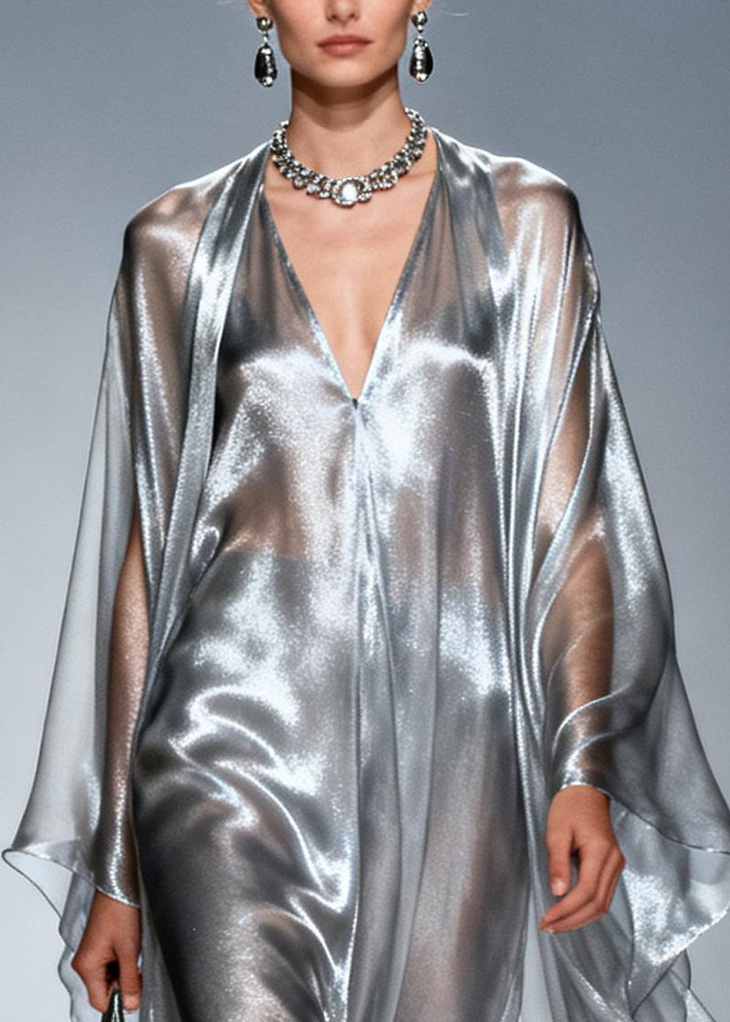 Silvery Oversized Draping Chiffon Maxi Dresses Summer