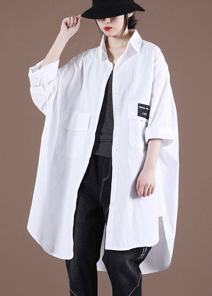 French White Peterpan Collar Pockets Fall Long Sleeve Blouses
