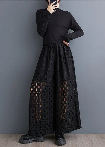 Natural Black Hollow Out Wide Leg Pants Trousers Summer