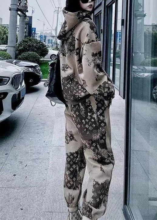 Khaki Hooded Print Warm Fleece Two Pieces Set Winter