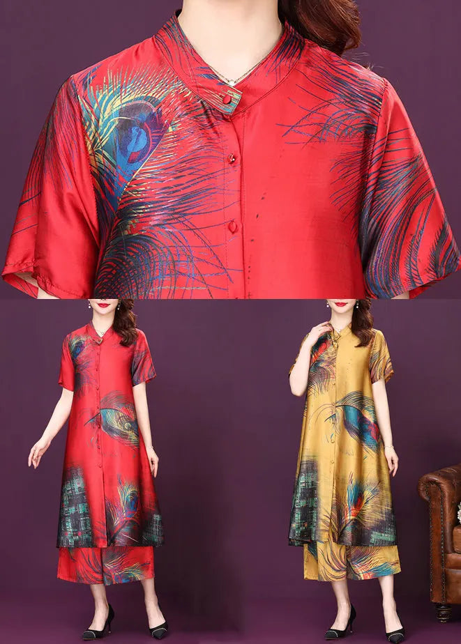Yellow Button Print Silk Shirt Top and Pants Sets Two Pieces High Waist Summer