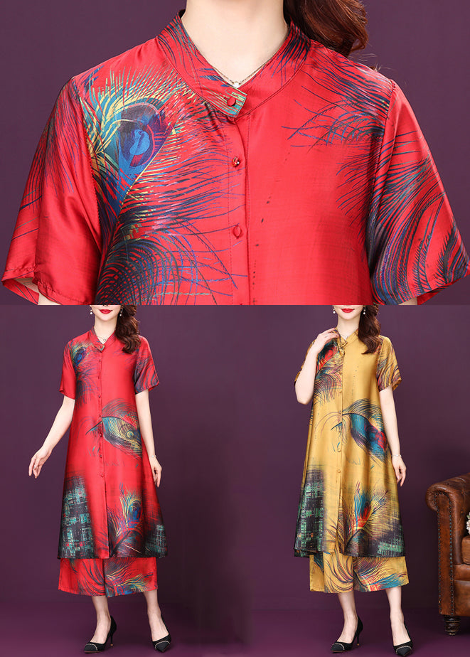 Original Design Red Stand Collar Print Silk Shirt Top and Pants Two Pieces Set Summer