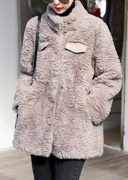 Camel Stand Collar Drawstring Thick Faux Fur Coats Fall